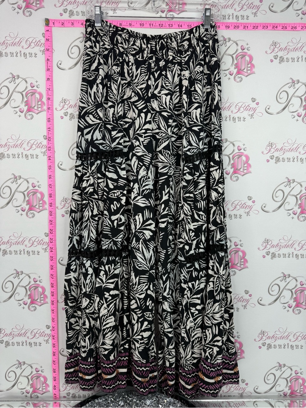 Angie wide leg pants Aztec tropical print crochet cut outs Black White Tiered